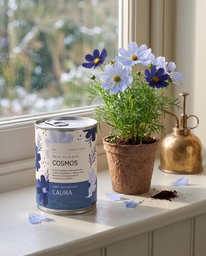 A Cosmos growing gift on a sunny windowsill